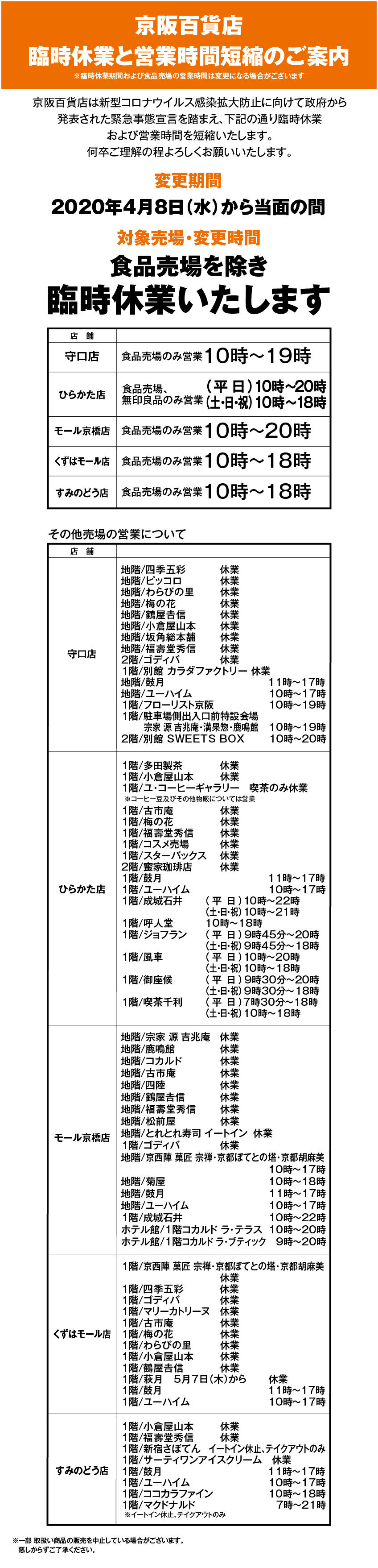 京阪百貨店 臨時休業と営業時間短縮のご案内 京阪百貨店